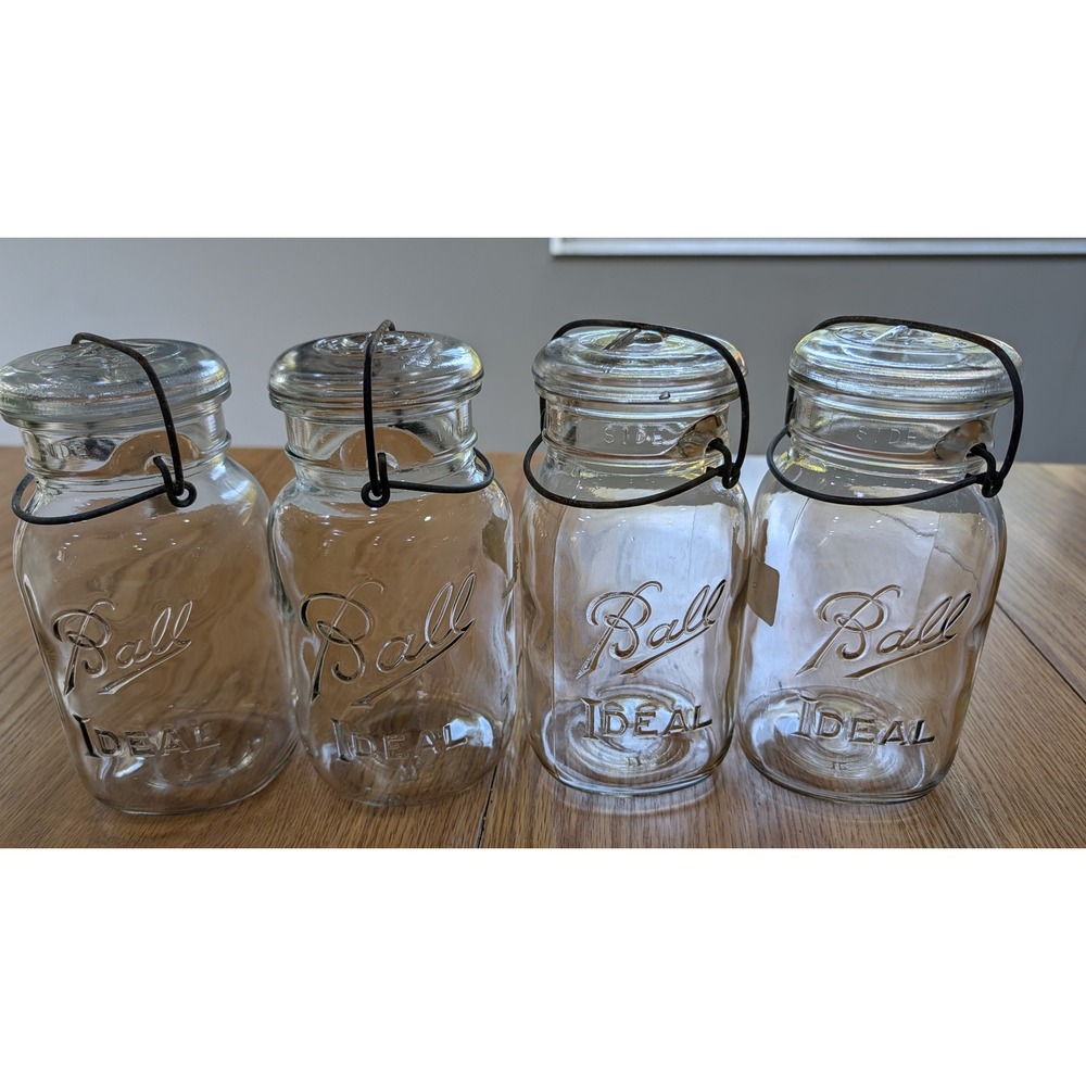 Vintage Ball Ideal Clear Glass Canning Jars Wire Bail Glass Lids Set of 4